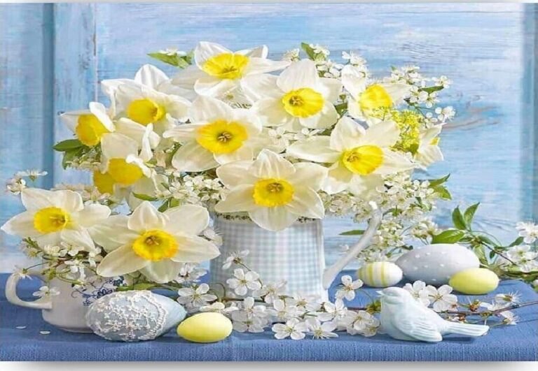 Diamond Painting Narcissen in een vaas voorbeeldafbeelding van het volledige ontwerp
