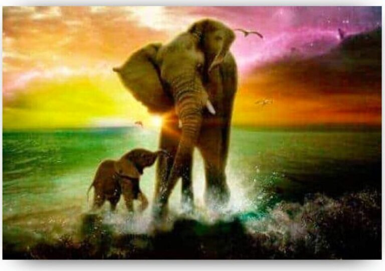 Diamond Painting Olifant Met Kalfje voorbeeldafbeelding van het volledige ontwerp