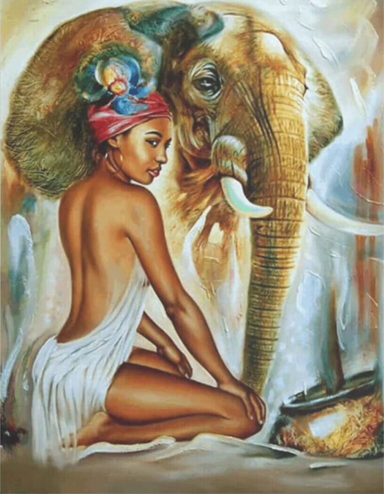 Diamond Painting Olifant met dame voorbeeldafbeelding van het volledige ontwerp