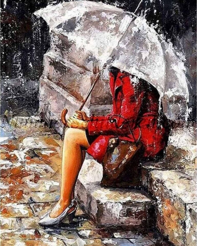 Diamond Painting Paraplu tegen de regen voorbeeldafbeelding van het volledige ontwerp