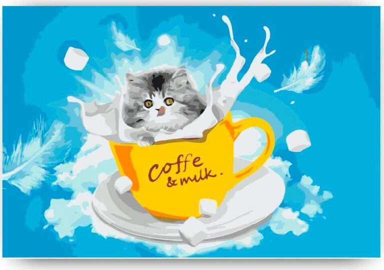Diamond Painting Poesje in een beker melk voorbeeldafbeelding van het volledige ontwerp
