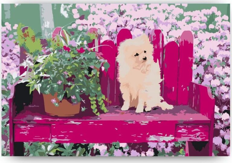 Diamond Painting Puppy op de bank voorbeeldafbeelding van het volledige ontwerp