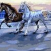 Diamond Painting Rennende paarden aan de zee voorbeeldafbeelding van het volledige ontwerp