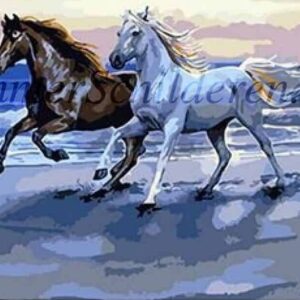 Diamond Painting Rennende paarden aan de zee voorbeeldafbeelding van het volledige ontwerp