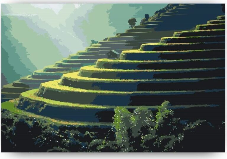 Diamond Painting Rijstvelden op Bali voorbeeldafbeelding van het volledige ontwerp