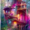 Diamond Painting Roze Boom Huis voorbeeldafbeelding van het volledige ontwerp
