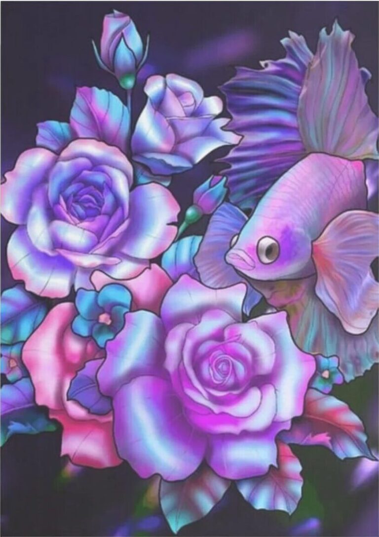 Diamond Painting Rozen Met Vis voorbeeldafbeelding van het volledige ontwerp