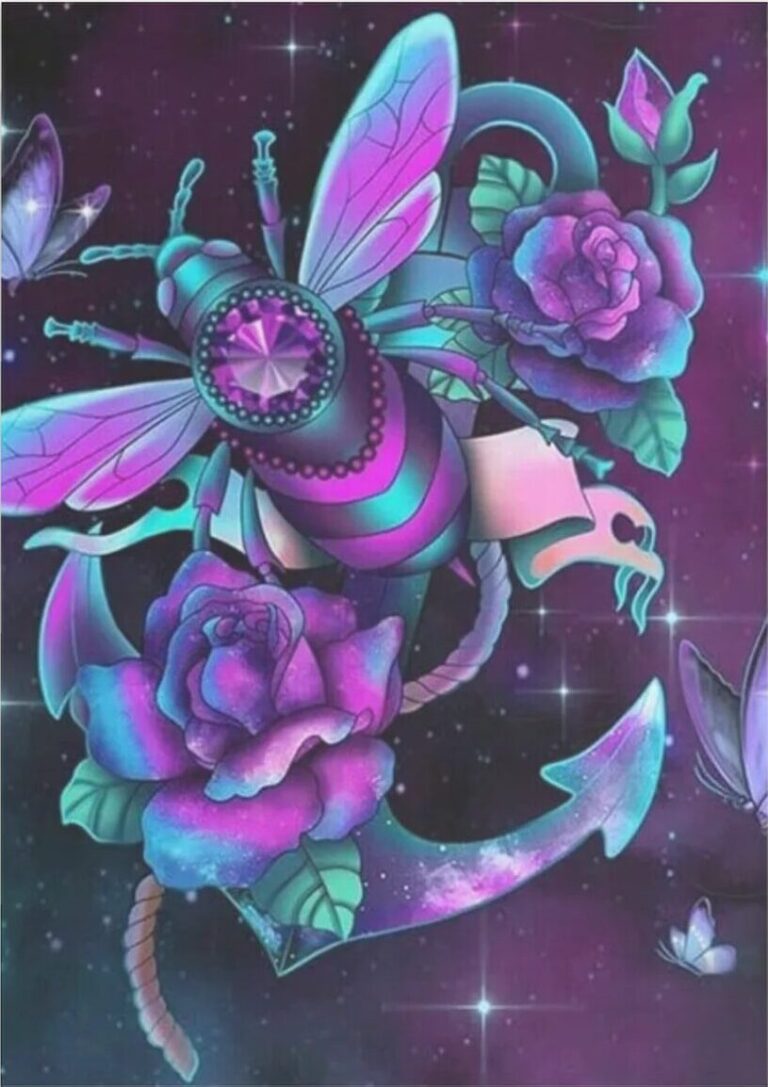 Diamond Painting Spin met bloem en vlinder voorbeeldafbeelding van het volledige ontwerp