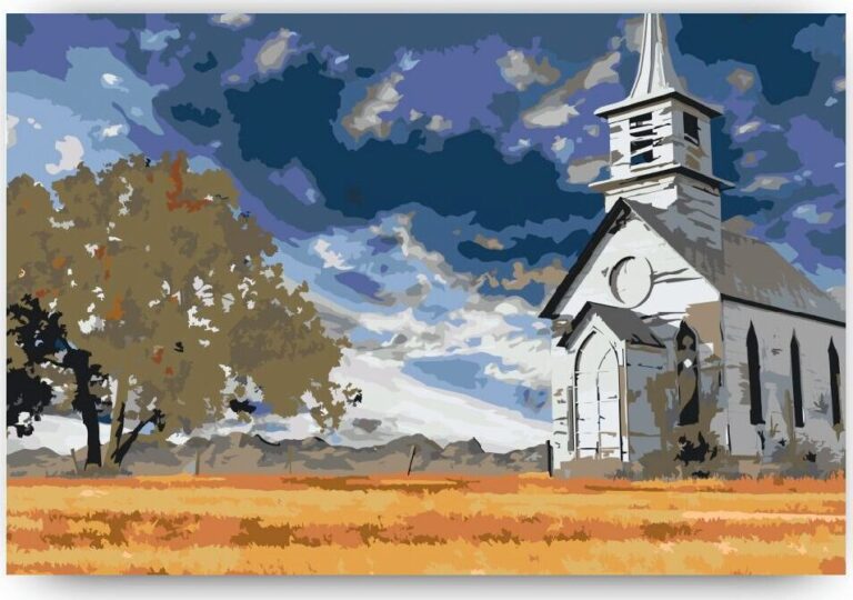 Diamond Painting Verlaten kerk voorbeeldafbeelding van het volledige ontwerp
