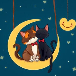 Diamond Painting Verliefde katten onder sterrenhemel voorbeeldafbeelding van het volledige ontwerp