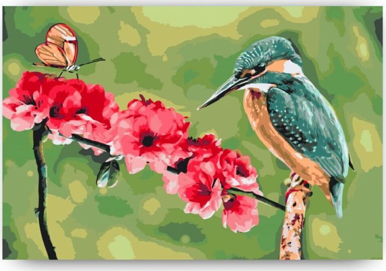 Diamond Painting Vlinder en ijsvogel voorbeeldafbeelding van het volledige ontwerp