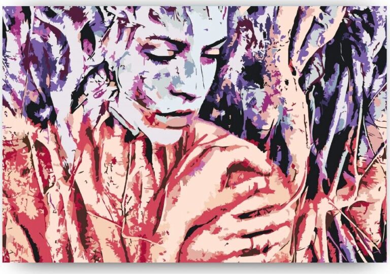 Diamond Painting Vrouw tussen de boomwortels voorbeeldafbeelding van het volledige ontwerp