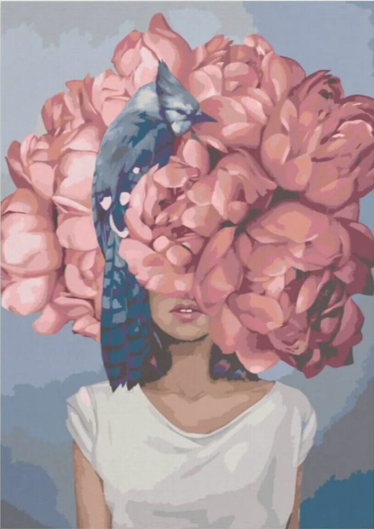 Diamond Painting Vrouw verborgen in pioenen voorbeeldafbeelding van het volledige ontwerp