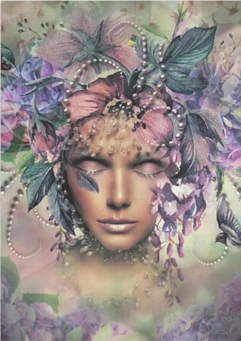 Diamond Painting Vrouwen met bloem en vogel voorbeeldafbeelding van het volledige ontwerp