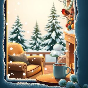 Diamond Painting Winterse sereniteit: warme gloed in huis voorbeeldafbeelding van het volledige ontwerp