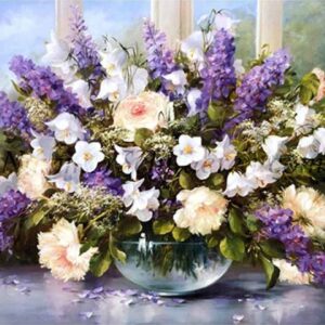 Diamond Painting Witte lila bloemen voorbeeldafbeelding van het volledige ontwerp