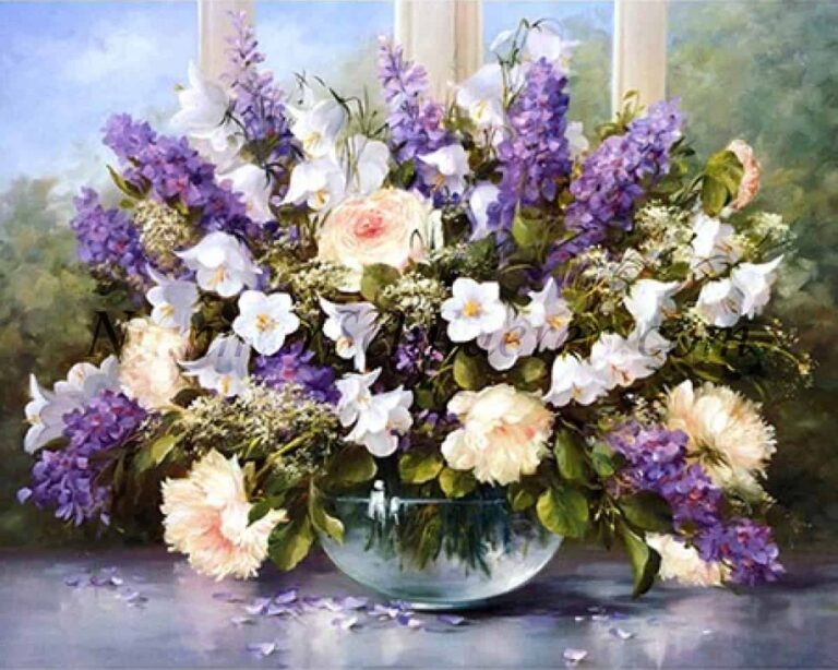Diamond Painting Witte lila bloemen voorbeeldafbeelding van het volledige ontwerp