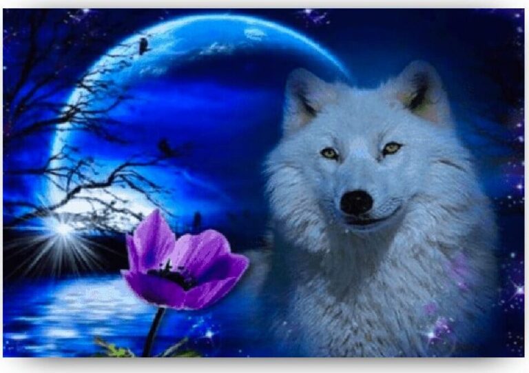 Diamond Painting Wolf met roos voorbeeldafbeelding van het volledige ontwerp