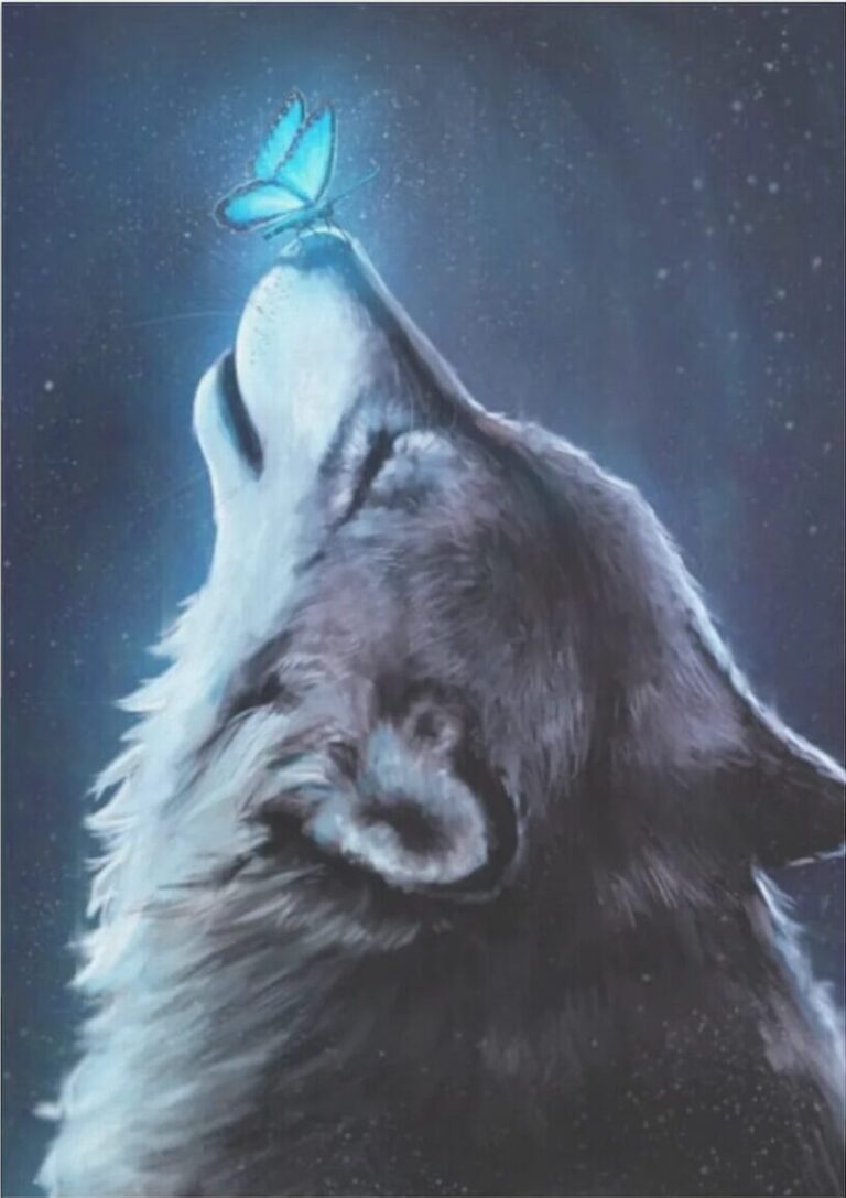 Diamond Painting Wolf met vlinder voorbeeldafbeelding van het volledige ontwerp