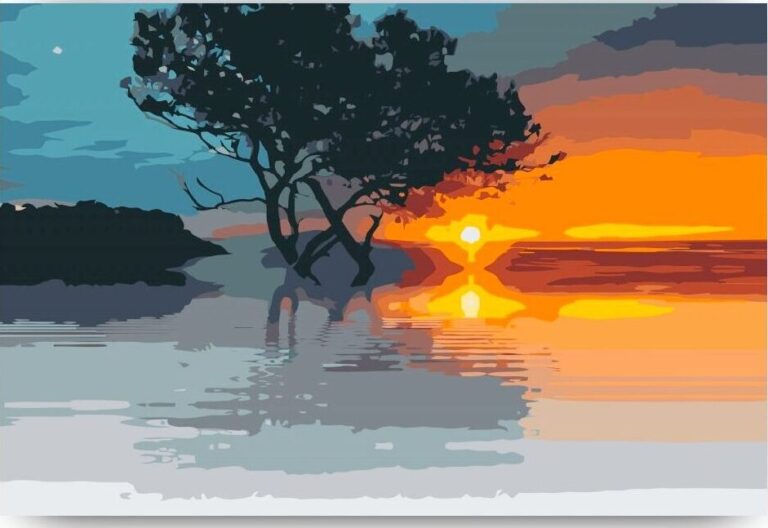 Diamond Painting Zonsondergang bij het meer voorbeeldafbeelding van het volledige ontwerp