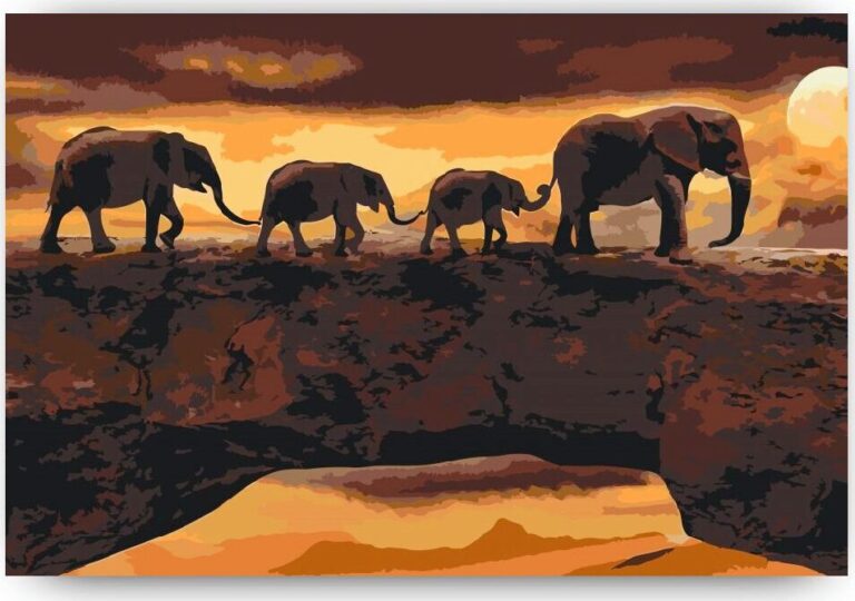 Diamond Painting Zwerven met olifanten voorbeeldafbeelding van het volledige ontwerp