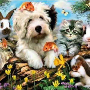 Diamond Painting - Huisdierenfamilie in de tuin voorbeeldafbeelding van het volledige ontwerp