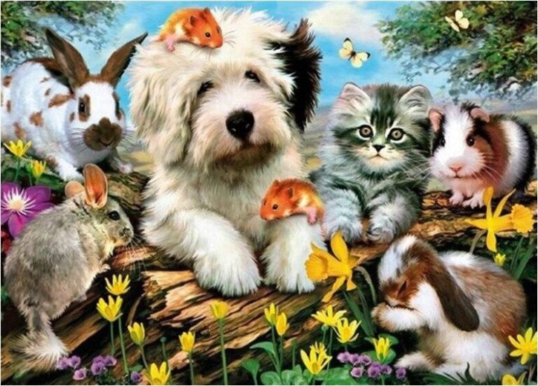 Diamond Painting - Huisdierenfamilie in de tuin voorbeeldafbeelding van het volledige ontwerp