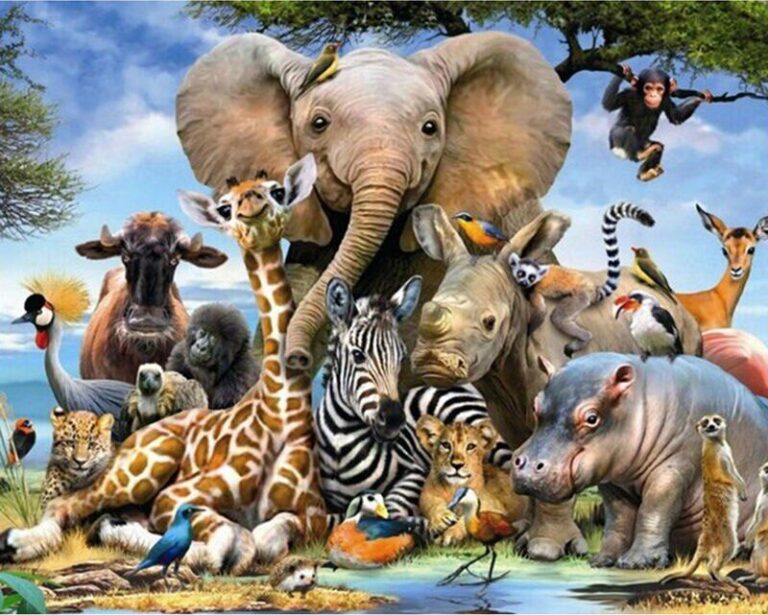 Diamond Painting Dieren Familie voorbeeldafbeelding van het volledige ontwerp