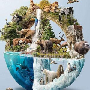 Diamond Painting - Dierensavanne in een wereldbol voorbeeldafbeelding van het volledige ontwerp