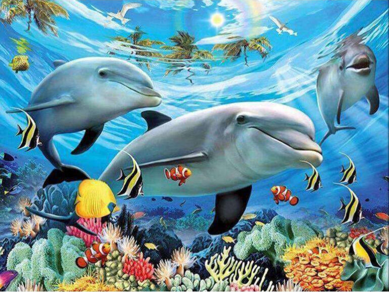 Diamond Painting Dolfijnen In De Oceaan voorbeeldafbeelding van het volledige ontwerp