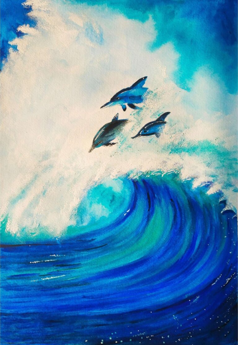 Diamond Painting Dolfijnen In Watergolf voorbeeldafbeelding van het volledige ontwerp