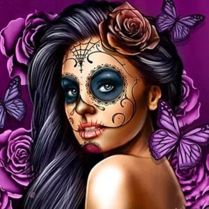Diamond Painting - Sugar skull vrouw met paarse rozen voorbeeldafbeelding van het volledige ontwerp