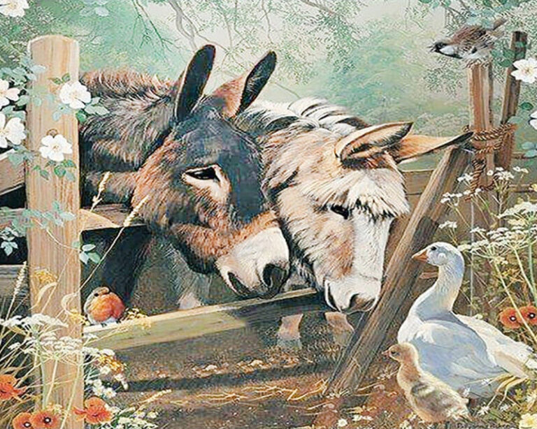 Diamond Painting - Ezels en gans bij een hek voorbeeldafbeelding van het volledige ontwerp