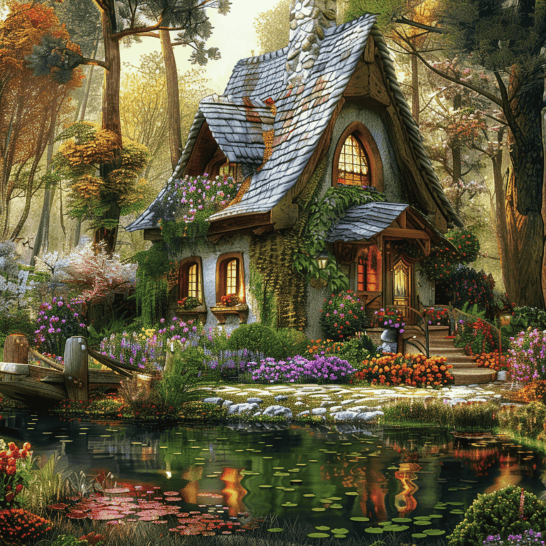 Diamond Painting Fantasie Huis in het bos voorbeeldafbeelding van het volledige ontwerp