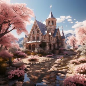 Diamond Painting - Sprookjeskerk tussen bloesem voorbeeldafbeelding van het volledige ontwerp