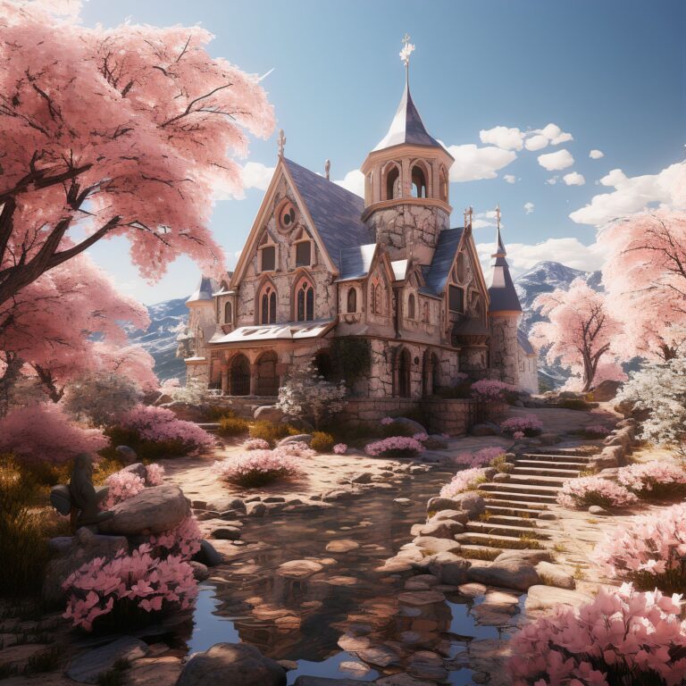Diamond Painting - Sprookjeskerk tussen bloesem voorbeeldafbeelding van het volledige ontwerp
