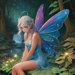 Diamond Painting - Blauwe fee in donker bos voorbeeldafbeelding van het volledige ontwerp