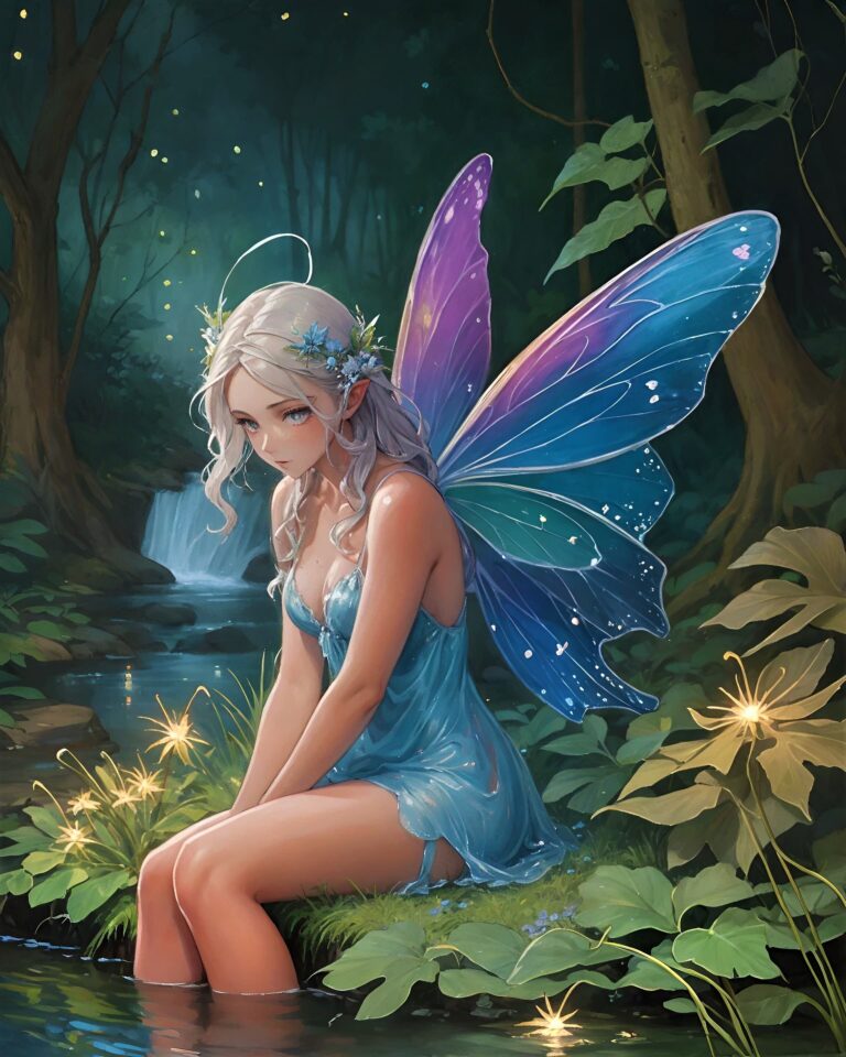 Diamond Painting - Blauwe fee in donker bos voorbeeldafbeelding van het volledige ontwerp