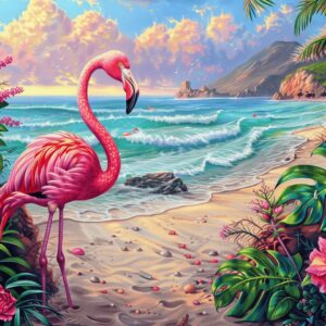 Diamond Painting - Flamingo op tropisch strand voorbeeldafbeelding van het volledige ontwerp