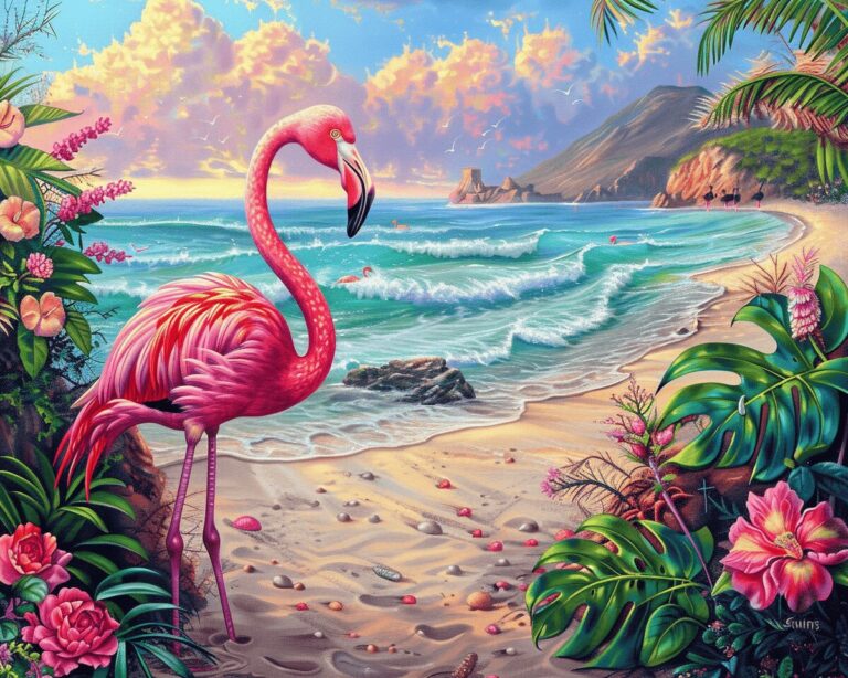 Diamond Painting - Flamingo op tropisch strand voorbeeldafbeelding van het volledige ontwerp