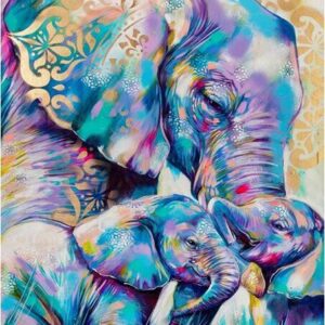 Diamond Painting Gekleurde Olifanten Gezin voorbeeldafbeelding van het volledige ontwerp