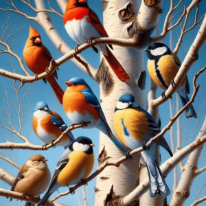 Diamond Painting Gekleurde Vogels In De Boom voorbeeldafbeelding van het volledige ontwerp