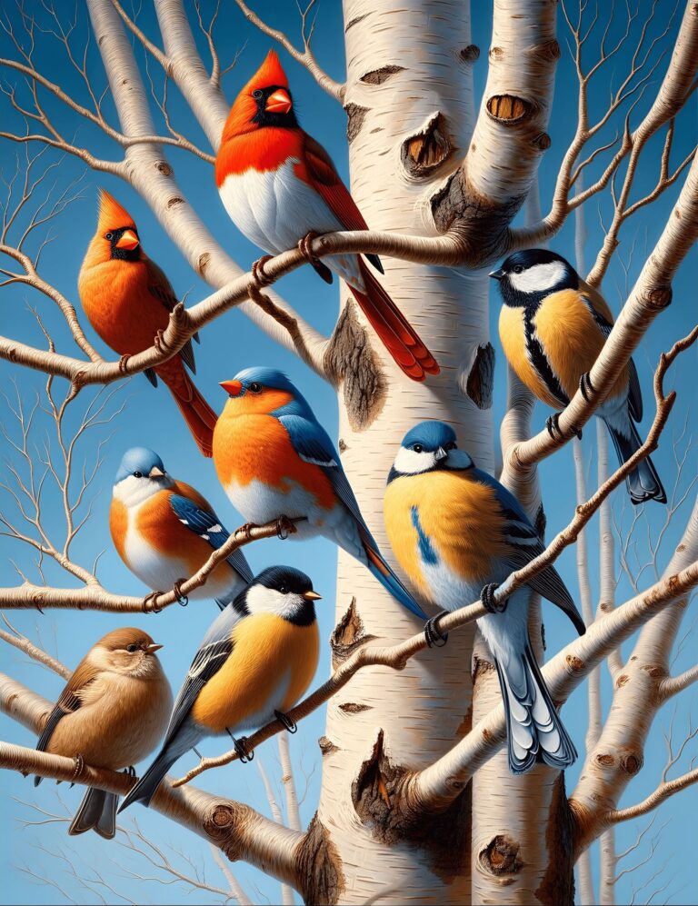 Diamond Painting Gekleurde Vogels In De Boom voorbeeldafbeelding van het volledige ontwerp
