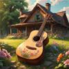 Diamond Painting Gitaar bij knus huisje voorbeeldafbeelding van het volledige ontwerp
