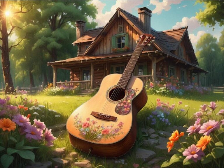 Diamond Painting Gitaar bij knus huisje voorbeeldafbeelding van het volledige ontwerp