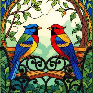 Diamond Painting Glas in lood vogels voorbeeldafbeelding van het volledige ontwerp