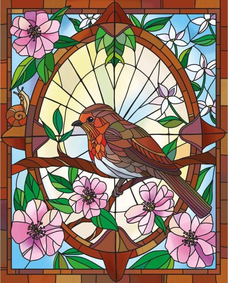 Diamond Painting Glasschilderij Roodborstje - by Anneke Schipper voorbeeldafbeelding van het volledige ontwerp
