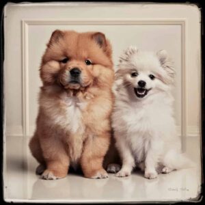 Diamond Painting Gouden Chow Chow Puppy en Pomeranian Puppy voorbeeldafbeelding van het volledige ontwerp