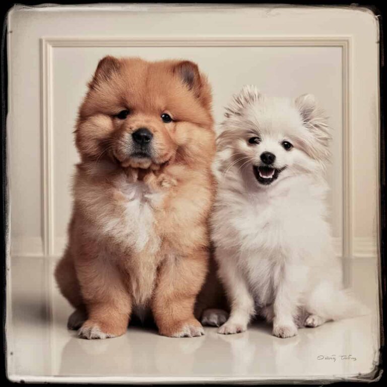 Diamond Painting Gouden Chow Chow Puppy en Pomeranian Puppy voorbeeldafbeelding van het volledige ontwerp