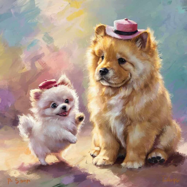 Diamond Painting Gouden Chow Chow Puppy en Pomeranian Puppy Schilderij voorbeeldafbeelding van het volledige ontwerp